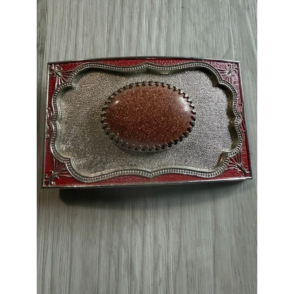 Sunstone Belt Buckle Rectangle Red Enamel Silver Tone Natural Cabochon Western